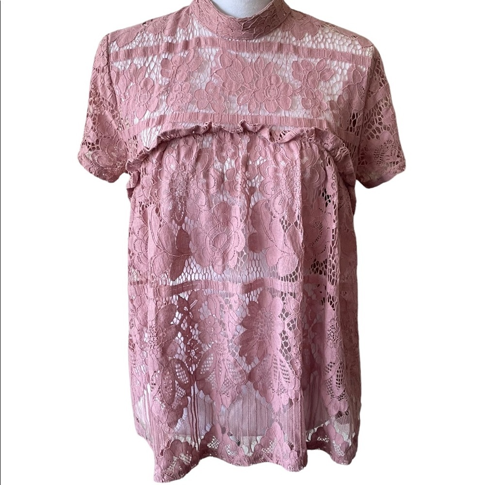 Luna Rae Women’s Blouse Semi-High Collar Short Sleeve Lace Pullover Sz L